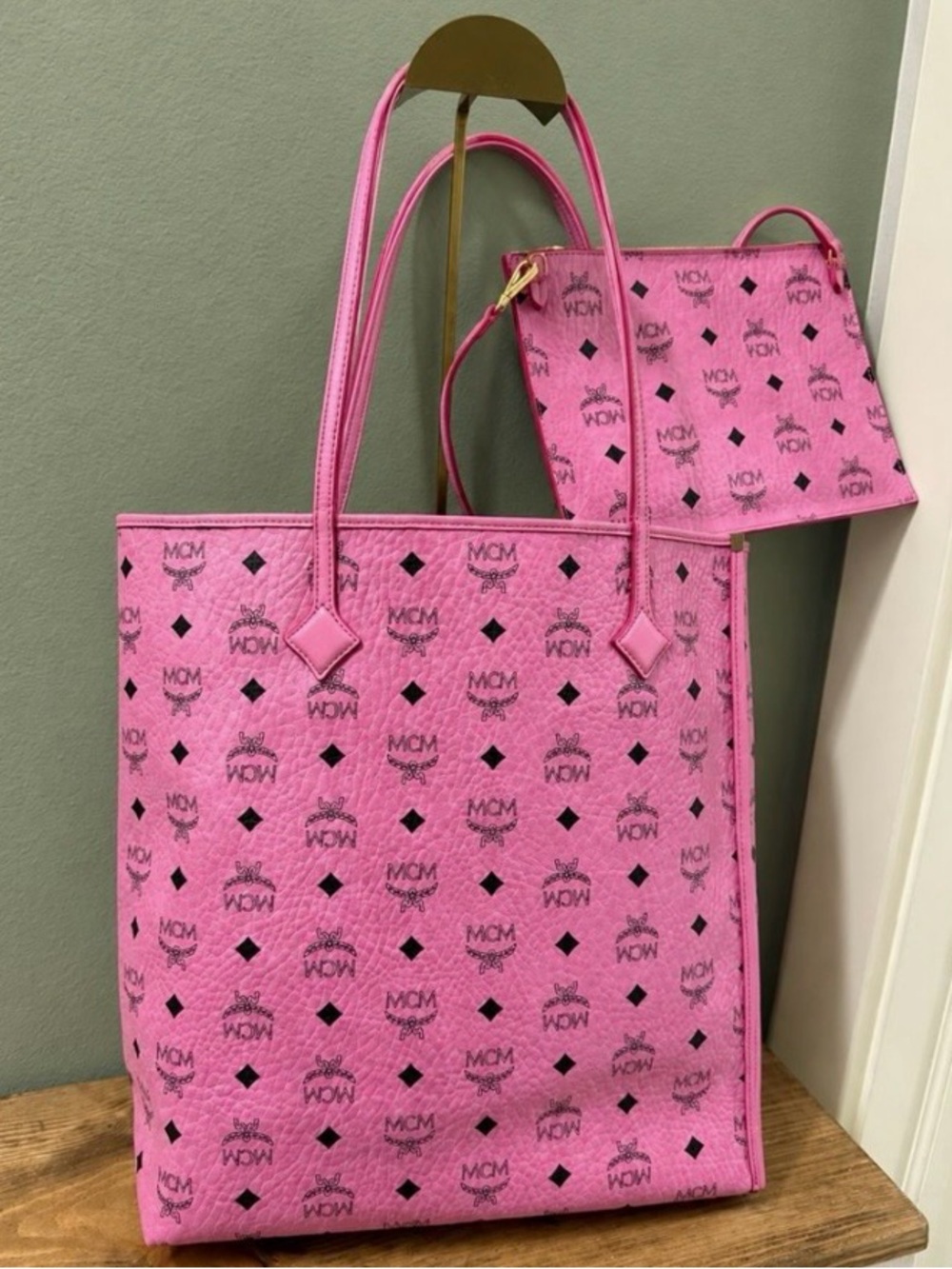 MCM Pink Logo Canvas Tote with Matching Pouch